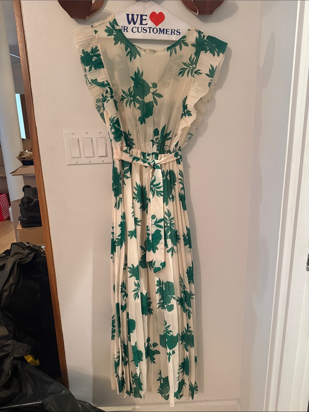 Ivory and Green Floral Ruffle Maxi Dress